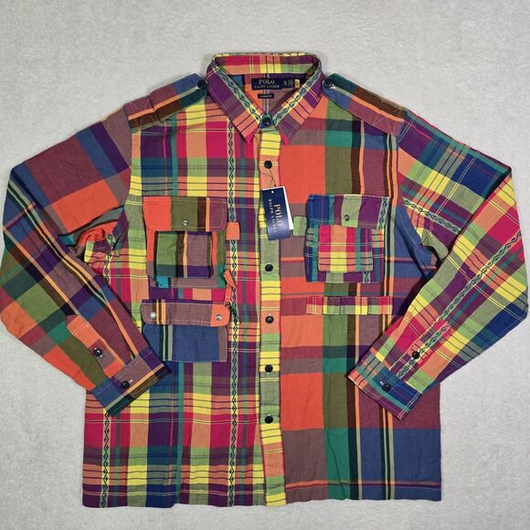 Polo Ralph Lauren Mens XL Fun Shirt Ornament Madras Utility Classic Patchwork - Picture 2 of 12